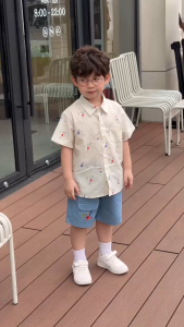 Set bộ áo sơ mi tay ngắn họa tiết Pony Sport kèm quần short denim size 11kg tới 28kg BERNIE H1225B39