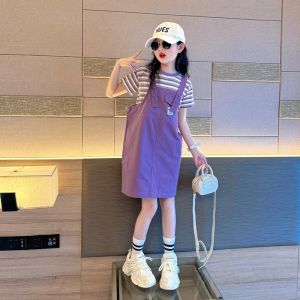Girls Fashionable Outfit Cotton Bib Dress Set Early Autumn Dopaamine Matching Korean Style Pure Color Skirt for Big Kids