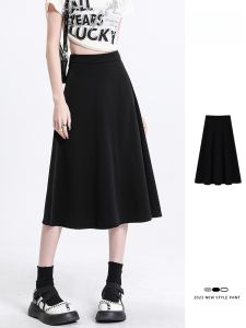 Black A-Line Mini Skirt Womens Spring Summer High Waist Suit Skirt Midi Length High Fashion Drop Waist Umbrella Skirt