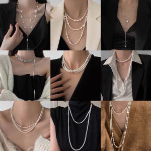 Retro Multi-Layer Pearl Sweater Necklace Womens Long Elegant Small Fragrance Style Fashion Accessory Alloy Plated Silver Gold