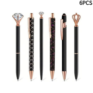 6pcs Beautiful and Cute Round Ballpoint Pen Set with Metal Crystal Diamond Pen for Journaling Black Ink Round Ballpoint Pen Li