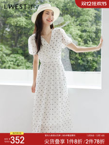L﹒WEST Polka Dot Tea Break Dress Womens Summer New Style French Elegant Slimming Midi Skirt A-Line Silhouette V-Neck Short Sleeve