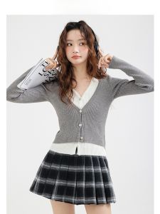 สูง Yanzhi ผู้หญิง แขนยาว คอวี ถัก คาร์ดิเกน สลิมฟิต เสื้อชั้นใน ฤดูใบไม้ร่วง ฤดูหนาว 2024 รูปแบบใหม่ หวาน สไตล์โรงเรียน