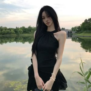 VKSOD | Elegant Black Off Shoulder Butterfly Knot Waist Cinching Sleeveless A-Line Mini Dress Womens Summer Fashion Design Dress