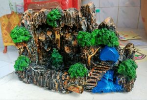 hiasan aquarium tebing air terjun pasir sudut 2 lubang aquascape