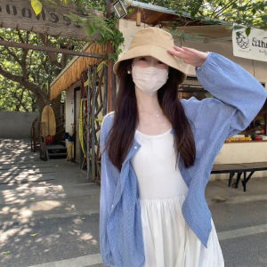 DUOFEIYAN | Summer Light Blue Stripe Cotton Linen Long Sleeve Womens Shirt