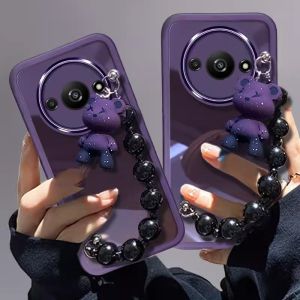 เคสโทรศัพท์ Redmi A3 เคสฟิล์มเลนส์ในตัวพร้อมสร้อยข้อมือตุ๊กตาป้องกันเลนส์ RedmiA3ซองนุ่มใสสีทึบ