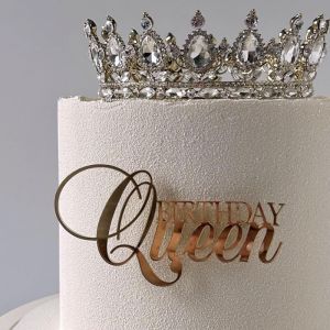 INS Queen Happy Birthday Acrylic Golden Cake Topper for Queen Birthday Party Valentines Day Cake Side Decoration