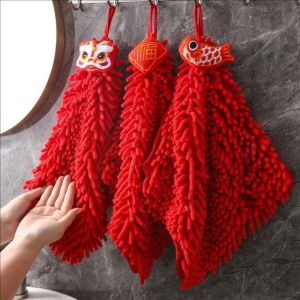 YESPERY Red New Year Hand Towel Lion Dance Koi Wipe Bathroom Towel Quick Drying Kitchen Restaurant Chenille Hand Towel Chinese Style Lucky Towel 2025 New Year Gift