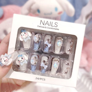 【With Glue】 Female Mid-length Fake Nail Cinnamoroll and Bowknot Decor Artificial Nail for Women and Girl Party Activity