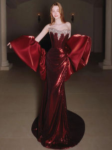 Red Bridal Gown Sparkling Sequin Evening Dress Fish Tail Return Home Wedding Reception Ceremony Elegant Long Sleeve Dress