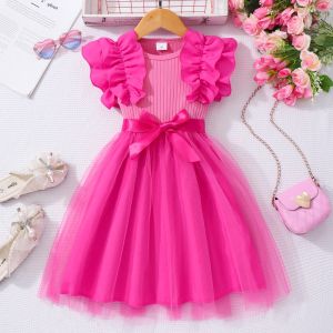 2025 Roseสีแดงเด็กสาวชุดฤดูร้อนแขนสั้นน่ารักตาข่ายเด็กวัยหัดเดินชุดวันเกิดเด็กชุดเจ้าหญิง 3 4 5 6 7 ปี