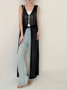 Black Hollow out Knitted Vest Loose Fit Lightweight Womens Summer Cardigan V-Neck Sleeveless Midi Length Outerwear