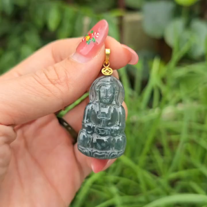 Q2139 Mặt mẹ QTÂ Lam Ngọc ngồi đài sen khắc 3D cả 2 mặt lên móc kim tiền v10k không kén mệnh - Phong Thuỷ TUDO P