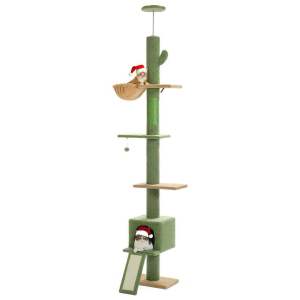 Floor To Ceiling 5 Tiers Cat Tree Tower Adjustable Height Freestanding Cat Climbing Tree with Cat Condo Sisal Scratching Post Relax Perch Hammock Bed and Play Platform Stable Tall Cat Furniture for Indoor Small Medium Large Cats
