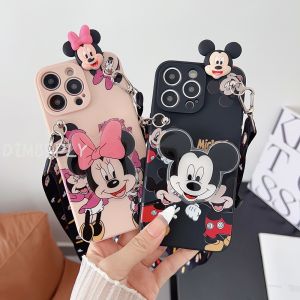 Cartoon Mickey Mouse Couple Phone Case for OPPO A60 A18 A38 A58 A17 A16 A52 A72 A92 A16K A17K A54 A55 A15 A15s A3s A5s A7 A12 A5 A9 A31 A57 A77 A53 A32 A79 A74 A95 A94 A1K A79 A93 A76 F9 F11 Pro Cute Minnie with Acrylic Bracket + Strap 3D TPU Soft Case