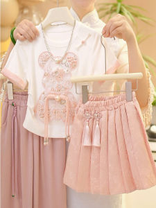 New Chinese Style Summer Outfit for Girls Bear Short Sleeve National Fashion Set Childrens Clothing Street Style Summer Clothes