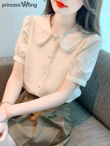 WANGGONGZHU | Elegant Short Sleeve Embroidered Chiffon Shirt Womens French Style Doll Collar Summer Fashionable Top Princess Commute Style