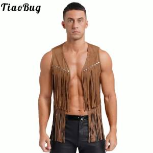 Mens Western Cowboy Tassel Rivets Faux Suede Vest Tops Vintage Fringe Gothic Steampunk Waistcoat Coat Halloween Cosplay Outfits