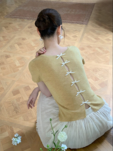 XXNING | Áo Sweater Len Hình Nơ Trống Elegance Pháp Ôm Sát