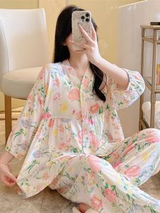 Sleeve Seven Cotton Sleepwear Set Summer Thin Wearable Outside Floral