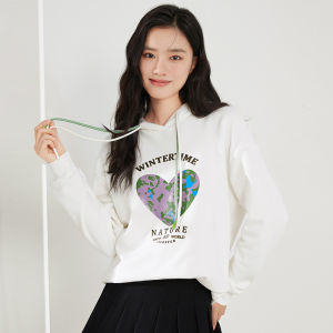 Yigue | Hooded Leisure Sweatshirt Heart Print Loose Fit Oversized Top