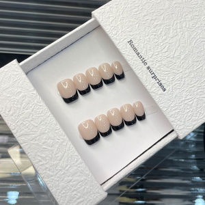 10pcs/bag Black French Design Nude Color Handmade Press On Nails L/M/S Size Medium Square Full Cover False Nails