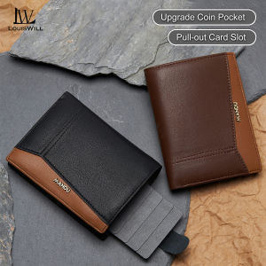 LouisWill Men Short Wallet Drawable Card Slot Design RFID Block Wallet Coin Wallets Soft Microfiber Genuine Leather Wallet Multi-Card Position ID Credit Cards Holders Coin Bag Business Wallets