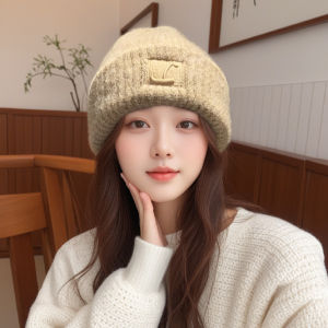 Loose Knitted Thick Yarn Hat Womens Autumn Winter Warm Large Face Small Face Knit Ear Protection Cap Casual Style No Brim