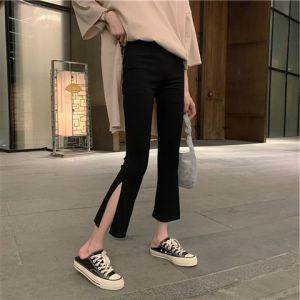 Black High Waist Slimming Drapey Micro Flared Pants for Women Spring Summer Open Split Seven-Five Casual Trousers