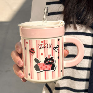 แก้วมugs ดื่มน้ำ ดูดซับน้ำ แก้วเซรามิก รูปตุ๊กตา น่ารัก สำหรับผู้หญิง สำหรับใช้ในบ้านและออฟฟิศ พร้อมฝาปิด