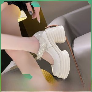 French Style Thick Heel Mary Janes Womens Shoes White Wedding Shoes Fashionable Pearled round Toe Casual Peep Toe Single Shoes