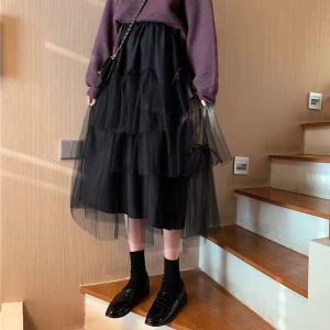 Spring 2025 High Waist Black Midi A-Line Skirt Elegant Gauze Half Body Skirt Korean Style Commute Cake Skirt Pure Color