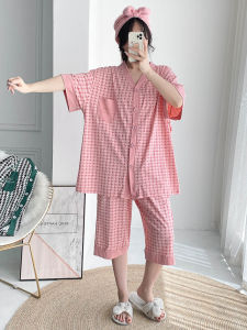 Loose Cotton Sleepwear Short Sleeve V-Neck Cardigan Summer Home Clothes Seven-Foot Pants plus Size Womens Two-Piece Set