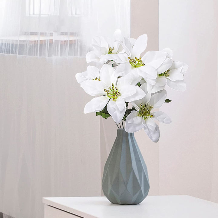 Artificial Poinsettia Shrubs 7 Heads Fabric Christmas White Silk Flower