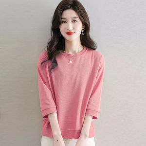 off-Season Big Sale American Fresh Top Pure Cotton Print round Neck 3/4 Sleeves Chubby Girl Womens Clothing Look Fairer Slimming T-Shirt