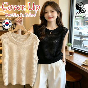 Summer Hollow Top Bikini Coverup for Women Korea Original Sleeveless Crew Neck Thin Loose Vest Women No Sleeve Hollow Top Plus Size Oversized Beach Wear Outfit for Women Swimsuit Coverup Knitting Sun Protection Slimming Blouse Swimsuit