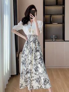 New Chinese Style Water-Media Painting Long Dress Womens Summer 2025 High-End Feeling Fake Two-Piece Floral Print Gown