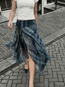 HH Women Fashion Blue Plaid Pleated Skirt Asymmetrical Hem High Waist A-Line Long Skirts 2026 Spring Summer Trend Lady Y2k Skirt