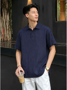 OUMULONG | Navy Blue Breathable Linen Polo Shirt Sophisticated Menswear