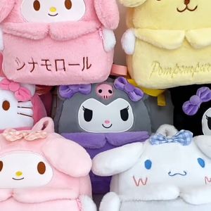 Kawaii Sanrio Kuromi Hello Kitty Cinnamoroll Soft Plush Backpack Cute My Melody Furry Handbags Cartoon Large Capacity Soft Stuffed Rucksack Anime Lovely Schoolbag Plush Bags