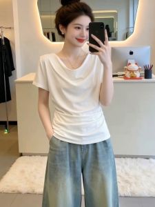 AIYITI | Oversized Short Sleeve V-Neck T-Shirt Summer New Style FatMM Waist-cinching Slim-fit Blouse
