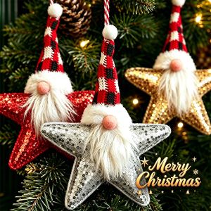 Christmas Glitter Pentagram Pendant Star-Shaped Gnome Santa Hanging Ornament Merry Christmas Pendant Knitted Holiday Party Ornament