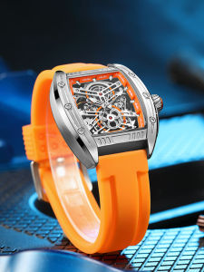 Megir New Mens Hollow out Fashion Barrel Shaped Sporty Large Dial Mechanical Watch Waterproof Automatic Mechanical Wristwatch