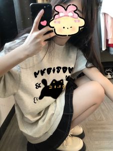 White Grey Pure Cotton Short Sleeve T-Shirt Womens Summer New American Small Size Trendy Brand Design Sense round Neck Top