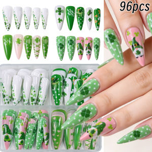 96Pc Long Stiletto Press On Nails Green Clover Rainbow Fake Nails Full Cover Reusable for Women St. Patricks Day Party Manicure