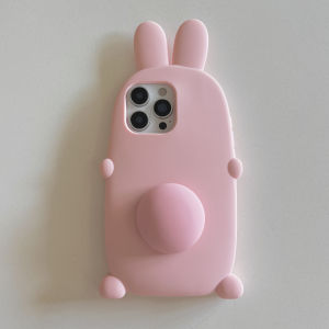 Folding Bracket Kickstand Soft Silicone Phone Case for iPhone 13 14 15 16 Pro Max 3D Cute Rabbit Pink Bunny Shockproof Cover