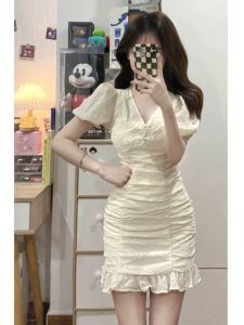 French Folded V-neck Bubble Sleeve Chiffon Dress Women Summer plus Size Slimming Gentle Short Skirt Bodycon Dress