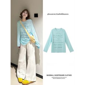 เสื้อยืดโยคะผ้าโปร่งหลวมๆ สำหรับผู้หญิง แขนยาว ระบายอากาศได้ดี ทรงหลวมๆ สำหรับออกกำลังกายและฟิตเนส ฤดูร้อน 2025 เสื้อยืดคอกลมพิมพ์ลาย