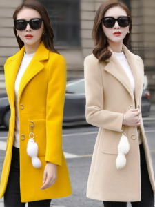 Elegant Mid-Length Woolen Coat Womens Slim Fit Fashionable Autumn Winter New Style Korean Version Button Detail Coat